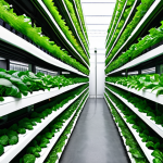 **Vertical Farm in Rotterdam:** A futuristic vertical farm in Rotterdam, Netherlands, showcasing rows of leafy greens and herbs growing in a controlled, indoor environment. Capture the innovative technology and sustainable urban farming concept.