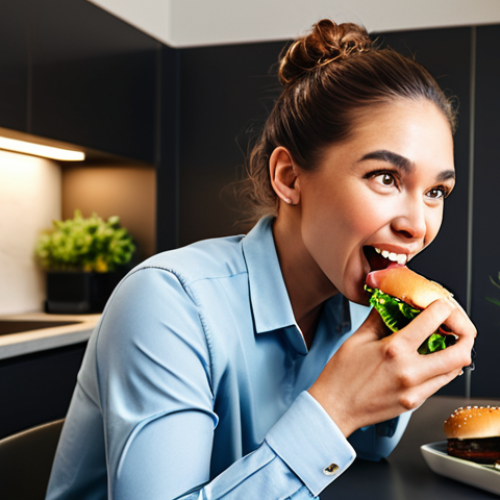 Home 7 A professional person, fully clothed in modest business casual attire, seated at a sleek modern kitchen counter, taking a bite of a realistic plant-based burger. The person's expression conveys pleasant surprise and satisfaction. The burger is well-formed with a realistic texture. The background features clean kitchen appliances and warm lighting. safe for work, appropriate content, fully clothed, professional, perfect anatomy, correct proportions, natural pose, well-formed hands, proper finger count, natural body proportions, professional photography, high quality.
