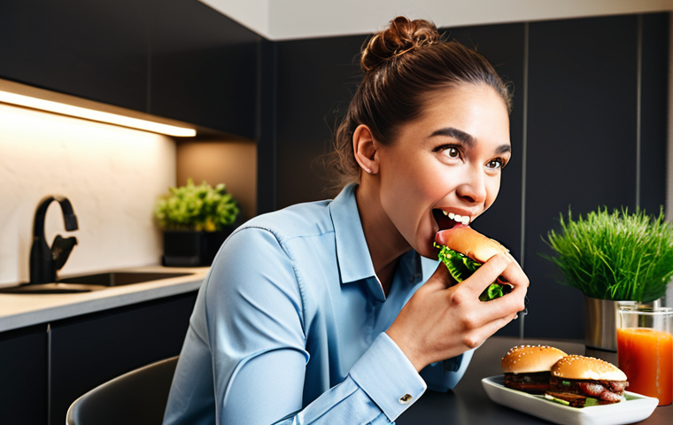 A professional person, fully clothed in modest business casual attire, seated at a sleek modern kitchen counter, taking a bite of a realistic plant-based burger. The person's expression conveys pleasant surprise and satisfaction. The burger is well-formed with a realistic texture. The background features clean kitchen appliances and warm lighting. safe for work, appropriate content, fully clothed, professional, perfect anatomy, correct proportions, natural pose, well-formed hands, proper finger count, natural body proportions, professional photography, high quality.